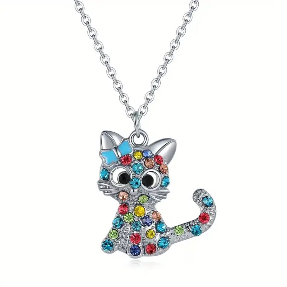 New Blue Bow Cat Pendant & Necklace Kitten Silver Design Sparkling Rhinestones